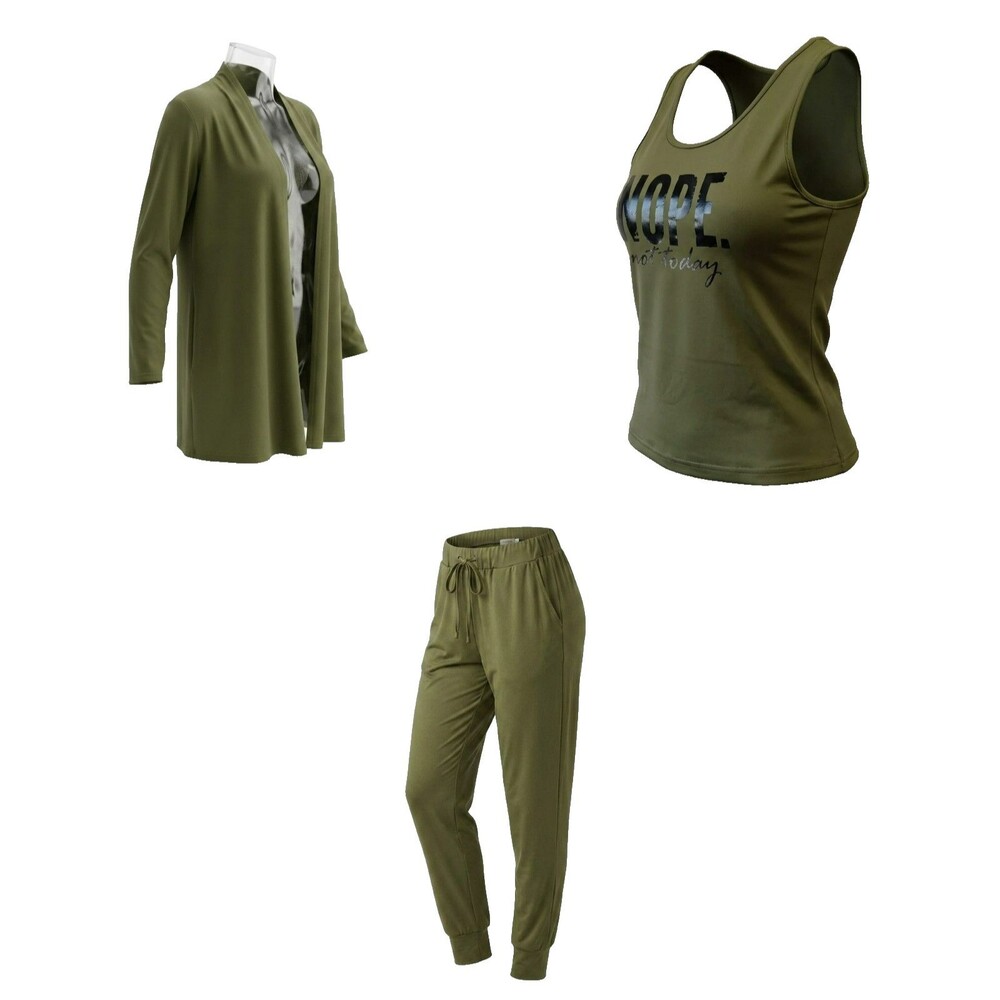 Women’s XL 3pc Loungewear Set Matching Olive Green Tank, Jogger, and Midi Duster